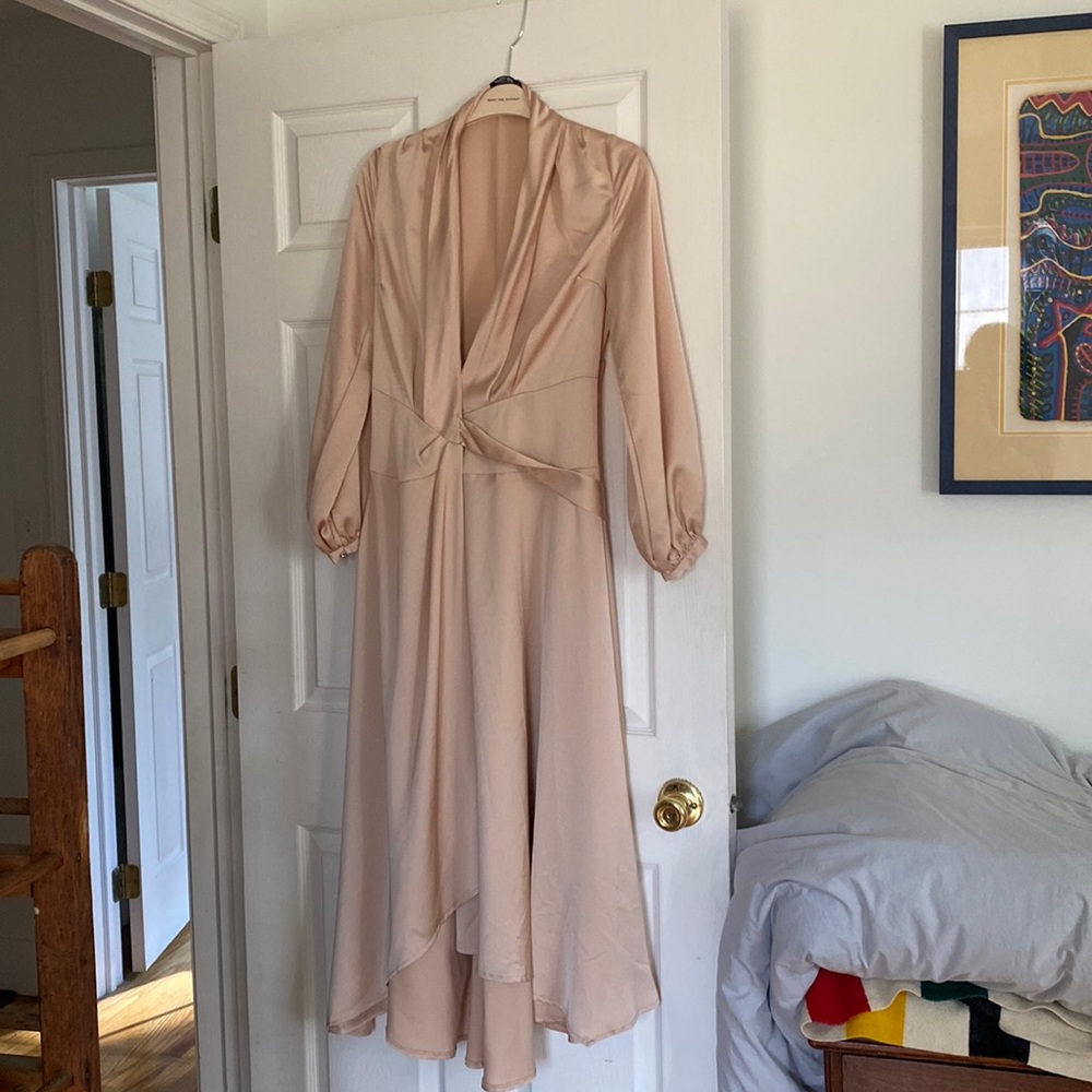 Nasty Gal Satin Long Sleeve Maxi Wrap Dress, Champange- Size 4, New